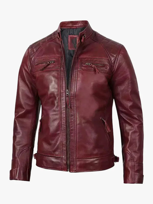 Leather Burgundy Biker Jacket with Quilted Shoulder