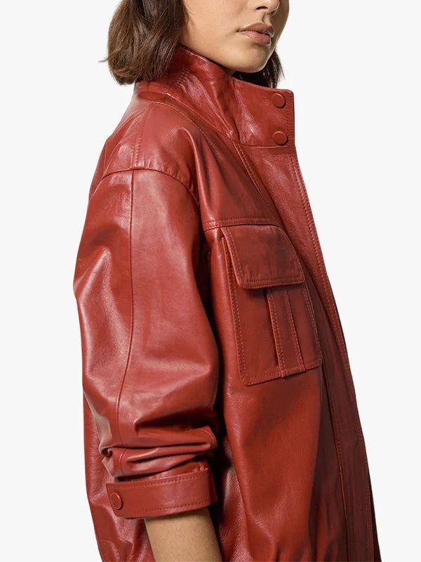 Leather Cargo Pocket Bomber Red Jacket