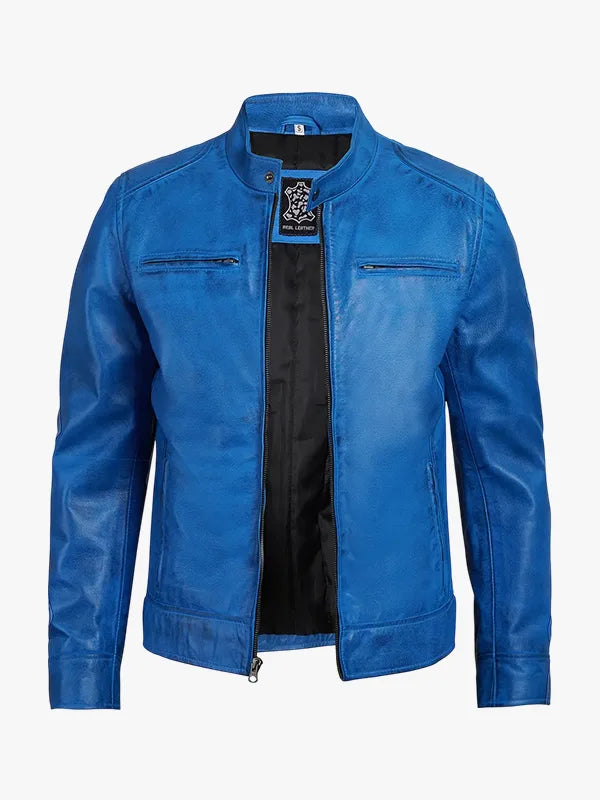 Leather Distressed Blue Cafe Racer Jacket