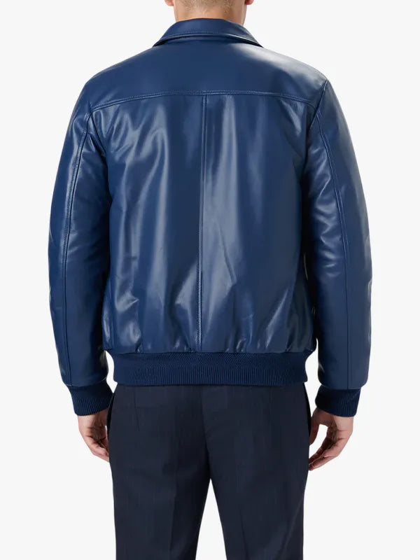 Leather Shirt Style Collar Blue Jacket