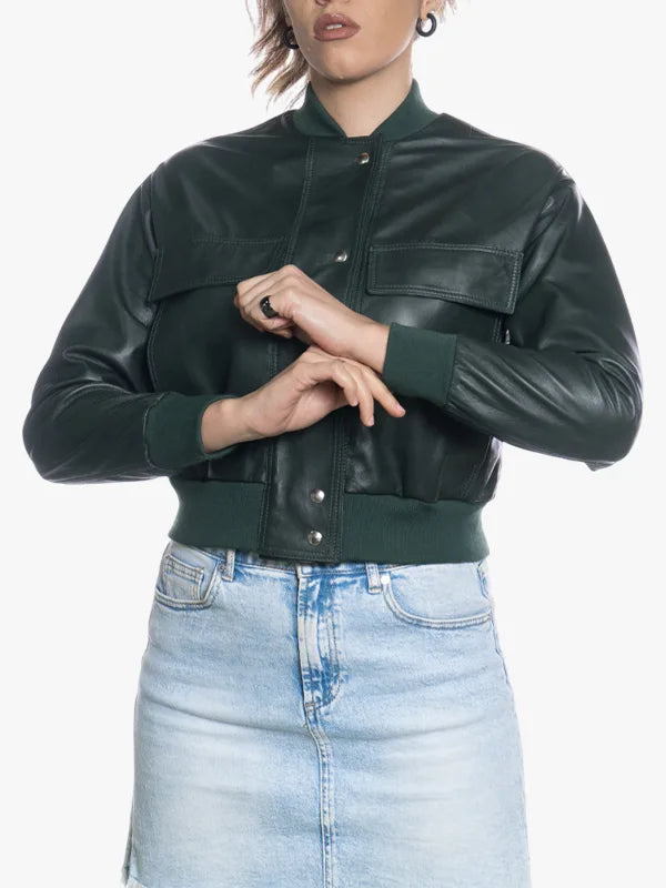 Lisa Womens Green Bomber Rib Knitted Jackei