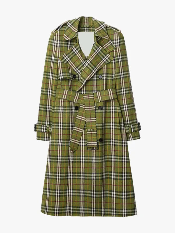 Long Check Stretch Linen Trench Coat