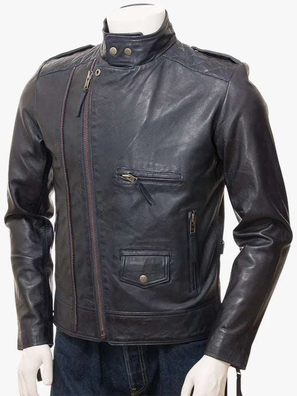 Musbury Navy Leather Biker Jacket