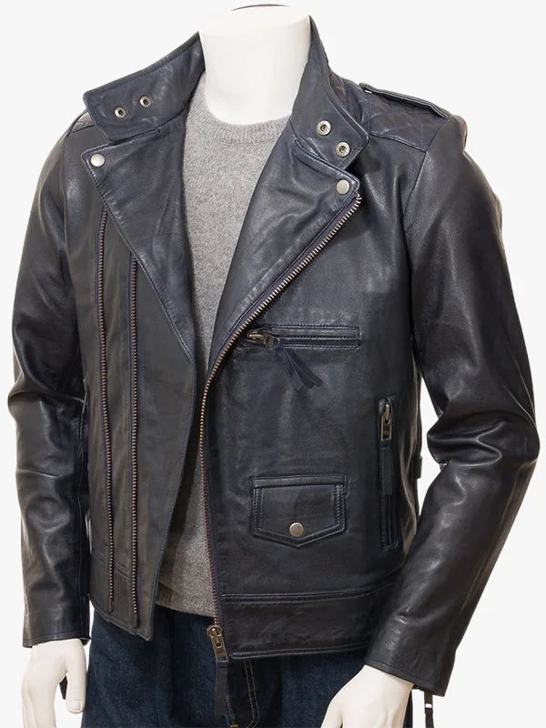 Musbury Navy Leather Biker Jacket