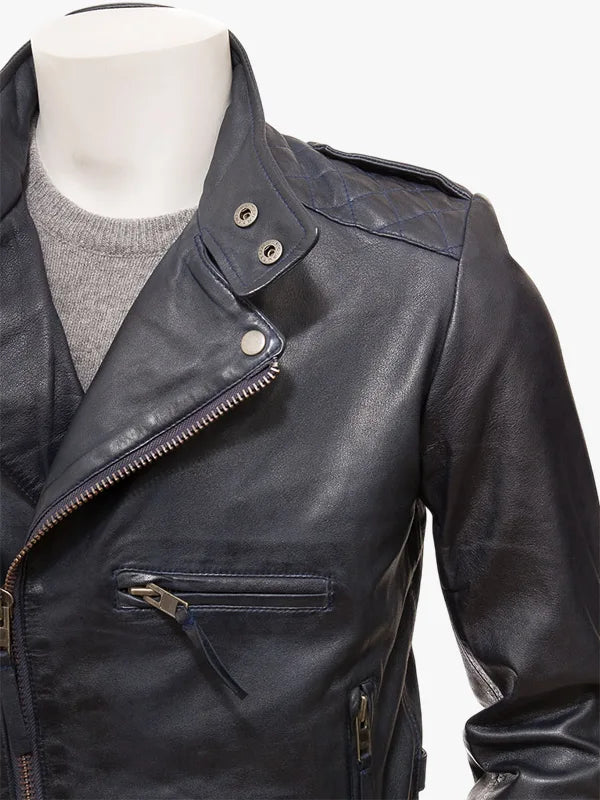 Musbury Navy Leather Biker Jacket