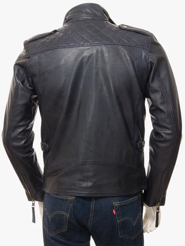 Musbury Navy Leather Biker Jacket