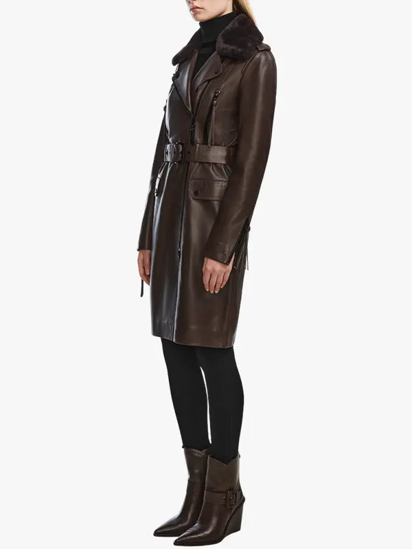 MIDWAY Women Leather Trench Brown Coat