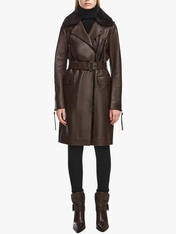 MIDWAY Women's Leather Trench Brown Coat