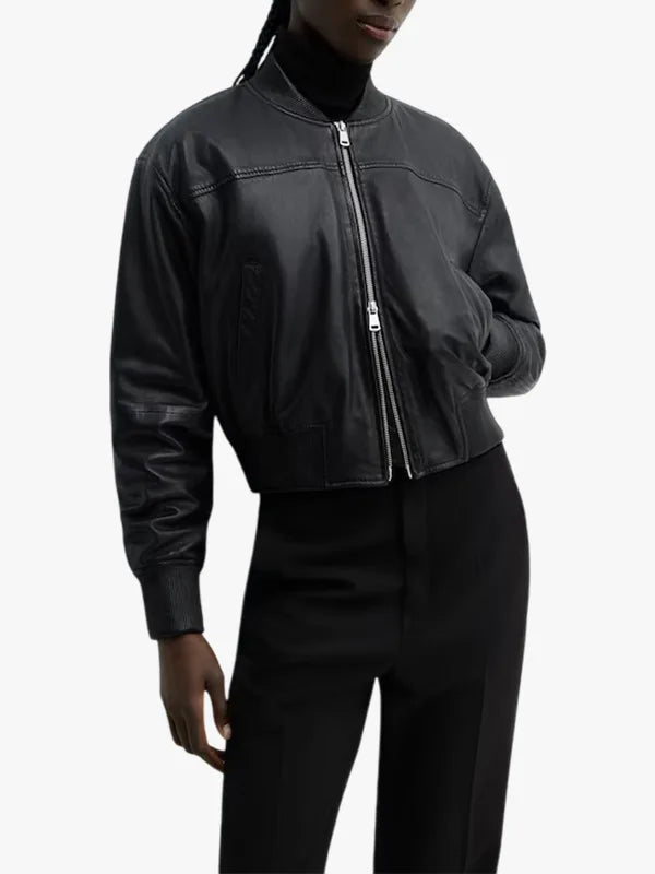 Mango Outlet Black Leather Bomber Jacket