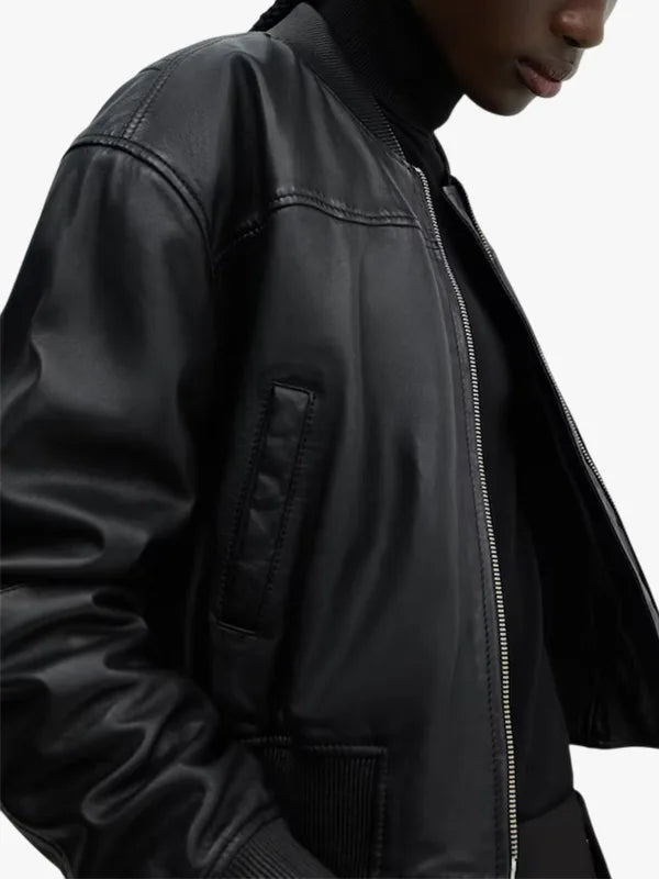 Mango Outlet Women's Black Leather Bomber Jacket