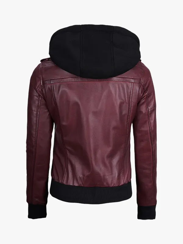 Maroon Leather Jacket with Removable Hood For Women