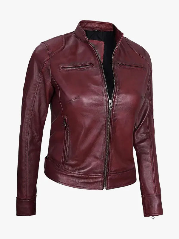 Maroon Women's Lambskin Leather Moto Jacket