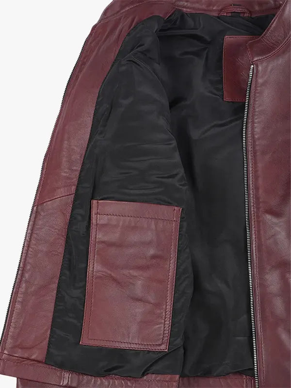 Maroon Women's Leather Cafe Racer Jacket