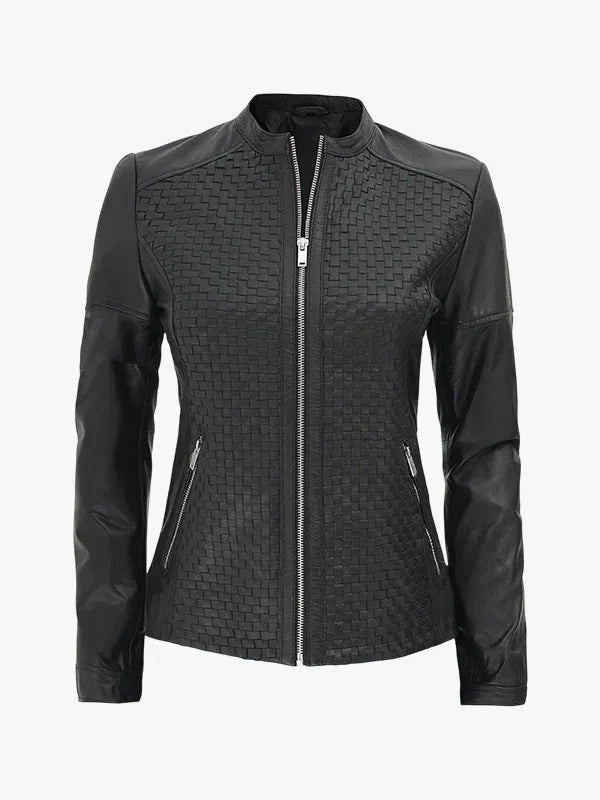 Maude Women’s Black Textured Cafe Racer Leather Jacket