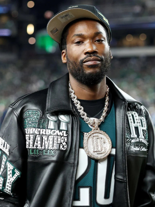 Meek Mill Pelle Pelle Eagles Leather Jacket Black