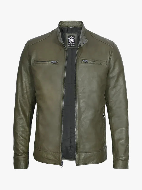 Men Dodge Green Cafe Racer Leather Jacket