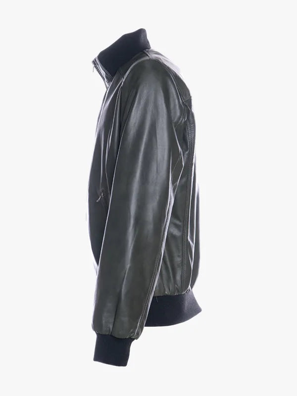 Men Leather Olive Bomber Jacket