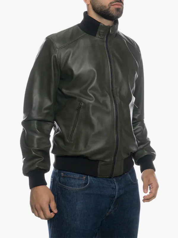 Men Olive Bomber Genuine Leather Jacket