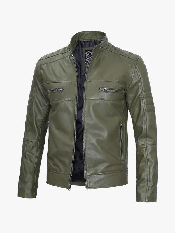 Men Olive Green Cafe Racer Leather Jacket