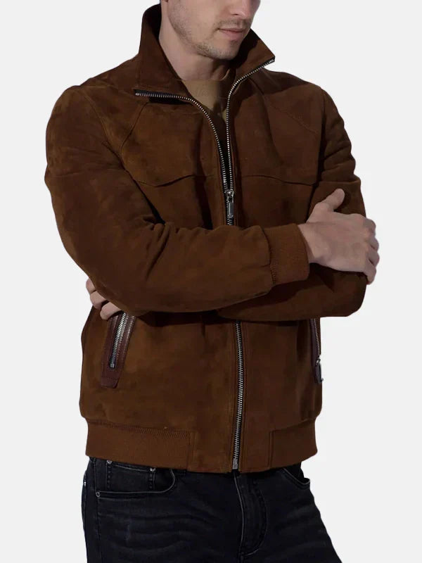 Men Vintage Suede Trucker Bomber Jacket