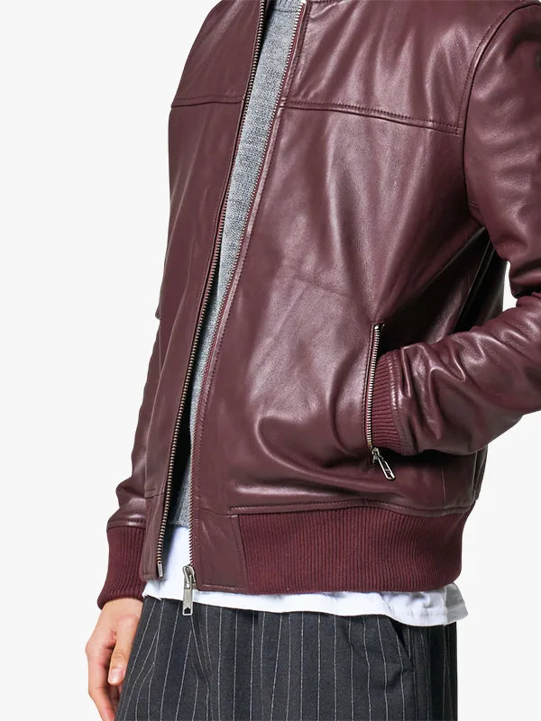 Men Burgundy Leather Bomber Jacket