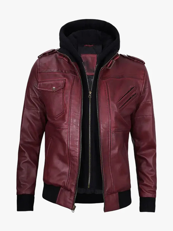 Men Burgundy Leather Jacket with Removable Hood