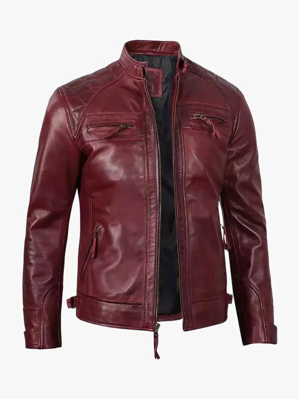 Men Real Leather Burgundy Biker Jacket Quilted Shoulder
