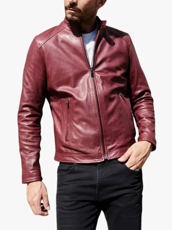 Men Ted Bordeaux Leather Biker Jacket