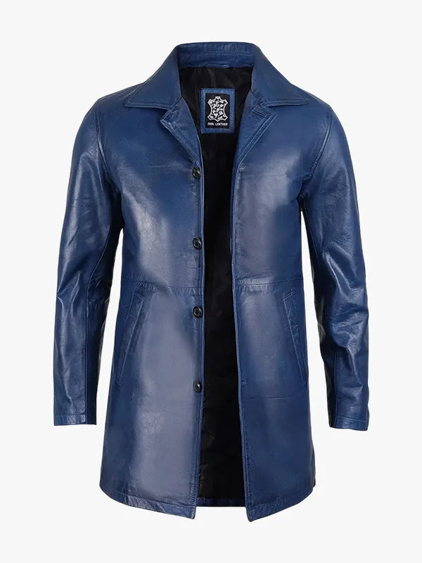 Men's 3/4 Length Blue Waxed Leather Car Coat