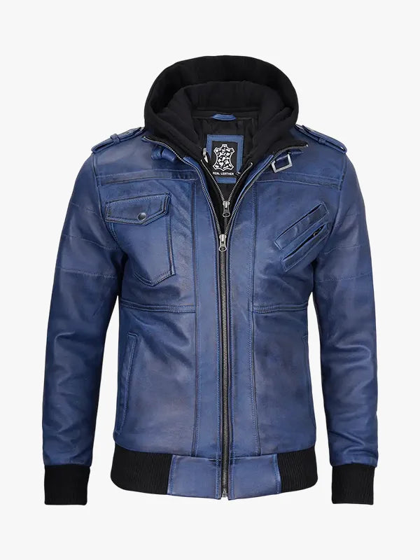 Men's Blue Bomber Leather Jacket with Hood