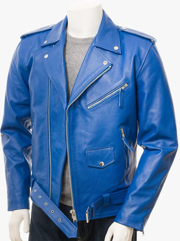 Men's Blue Leather Biker Jacket