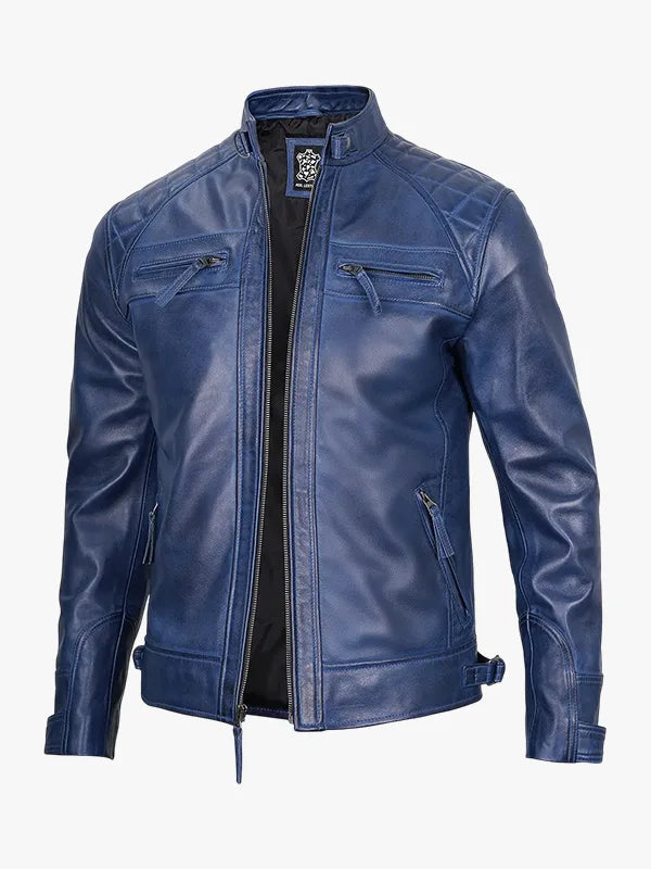Men's Blue Waxed Quilted Shoulder Café Racer Leather Jacket