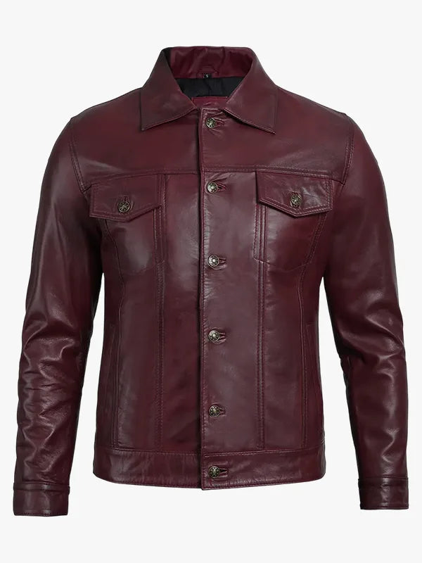 Men's Burgundy Lambskin Leather Trucker Jacket