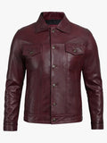 Men's Burgundy Lambskin Leather Trucker Jacket