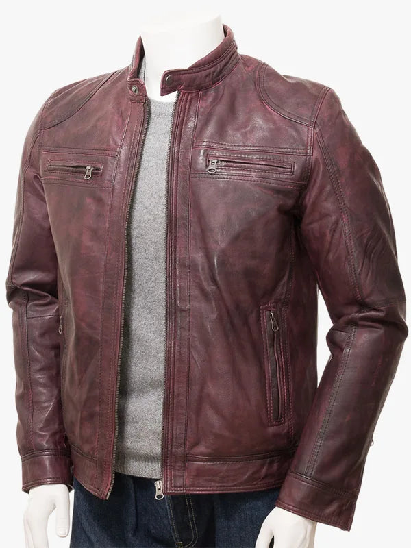 Men's Burgundy Leather Biker Jacket Gooseham