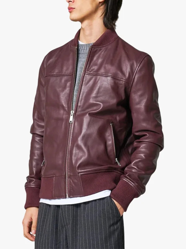 Men’s Burgundy Leather Bomber Jacket