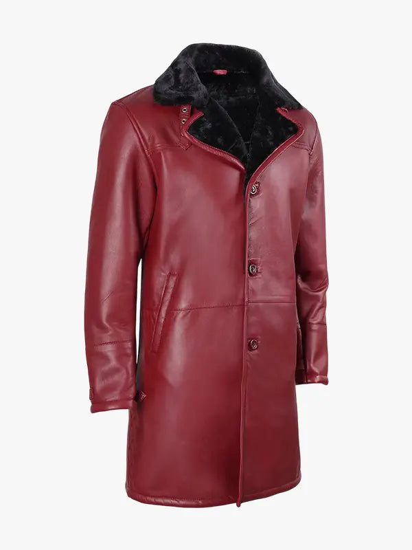Men's Burgundy Leather Shearling Coat