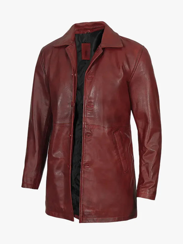 Men's Burgundy Real Lambskin Leather Car Coat