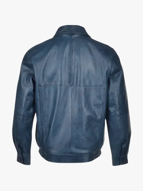 Navy Blue Blouson Leather Jacket For Men