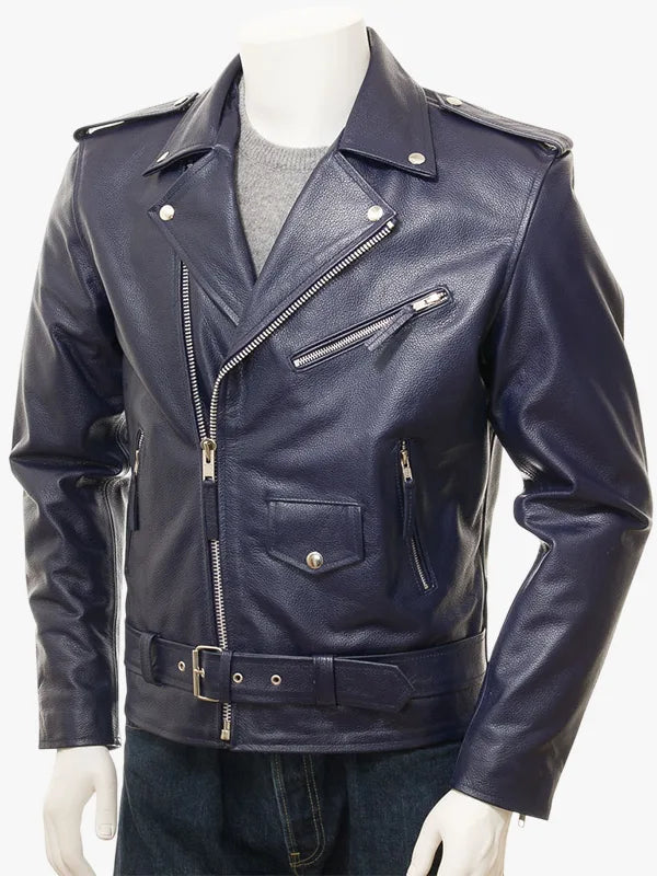Men's Navy Leather Biker Jacket