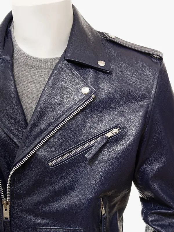 Men's Navy Leather Biker Jacket ASHCOMBE