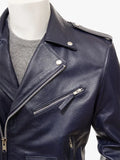 Men's Navy Leather Biker Jacket ASHCOMBE