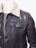 Men's Navy Leather Trucker Jacket