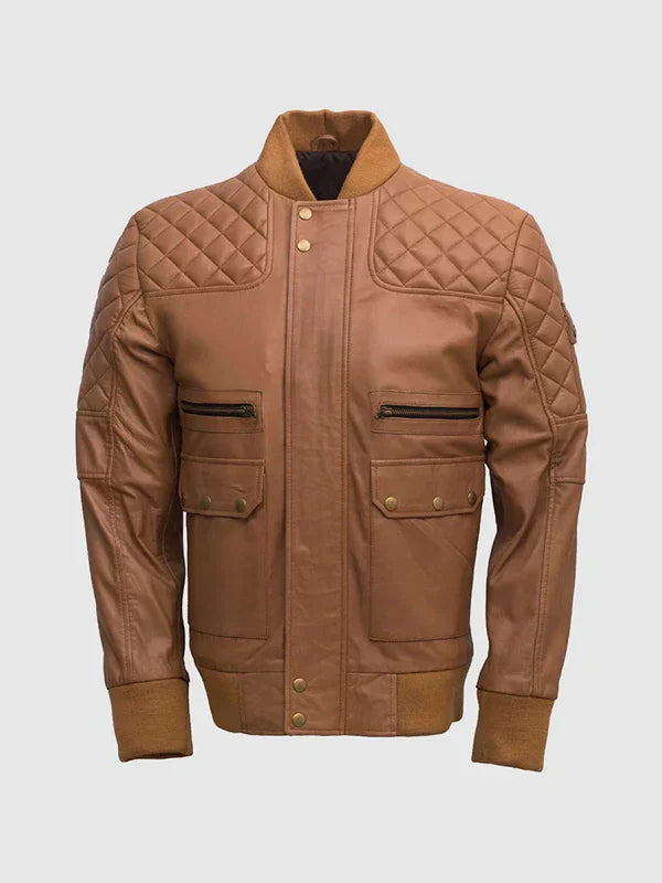 Men's Quilted Tan Brown Bomber Jacket