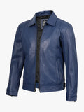 Men's Shirt Collar Leather Jacket Blue