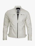Men’s Slim Fit Off White Café Racer Leather Jacket