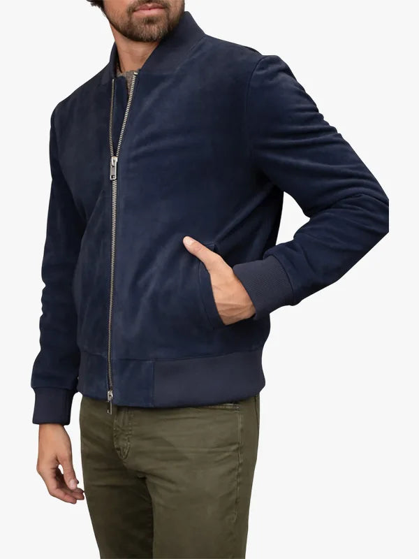 Men's Suede Bomber Blue Jacket