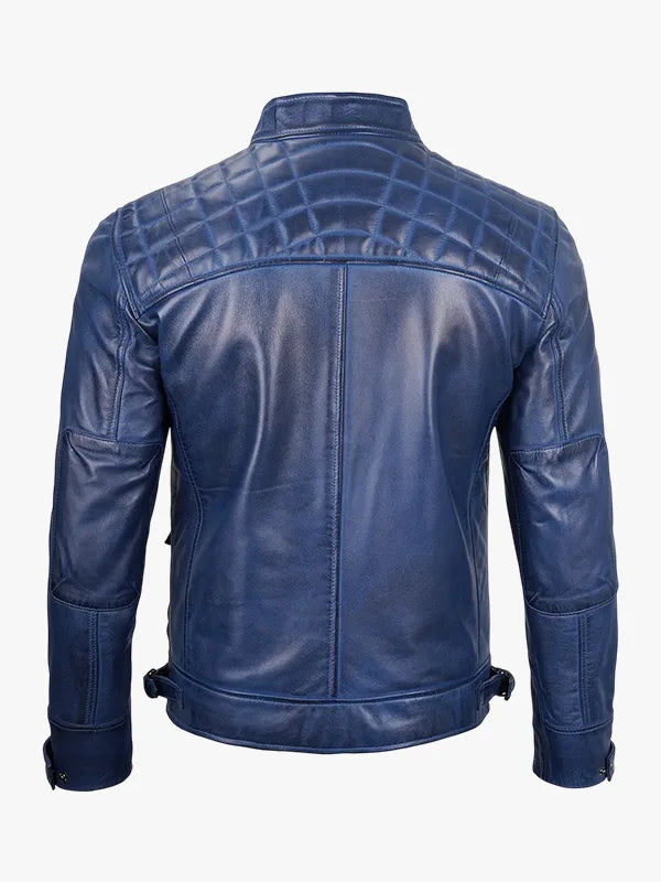 Men's Waxed Quilted Shoulder Café Racer Leather Blue Jacket
