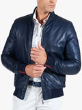Men's bomber leather jacket blue leather bomber jacket Roy