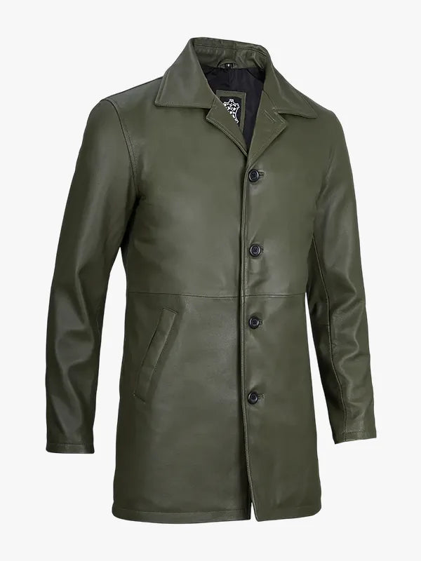 Mens 34 Length Green Leather Coat